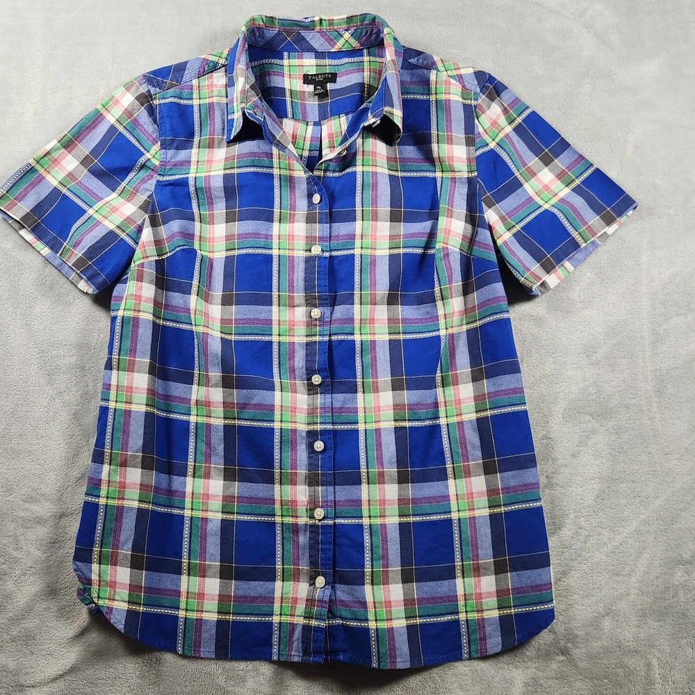 Talbots Classic Cotton Short Sleeve Shirt Multicolored Plaid Petite Medium‎